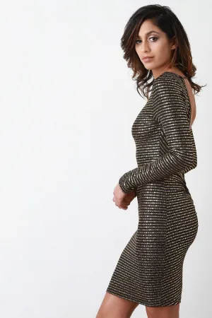 Open Back Metallic Print Long Sleeve Dress