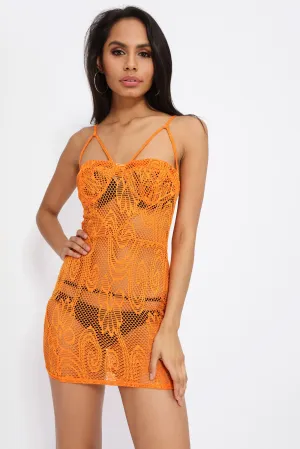 Orange Strappy Bustier Bodycon With Crochet