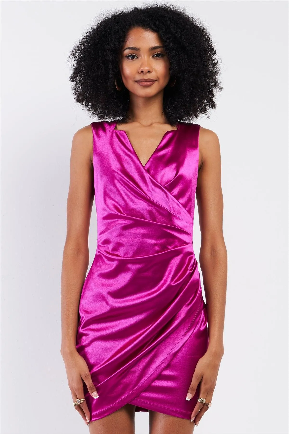 Orchid Satin Effect Sleeveless V-Neck Wrap Front Detail Mini Dress