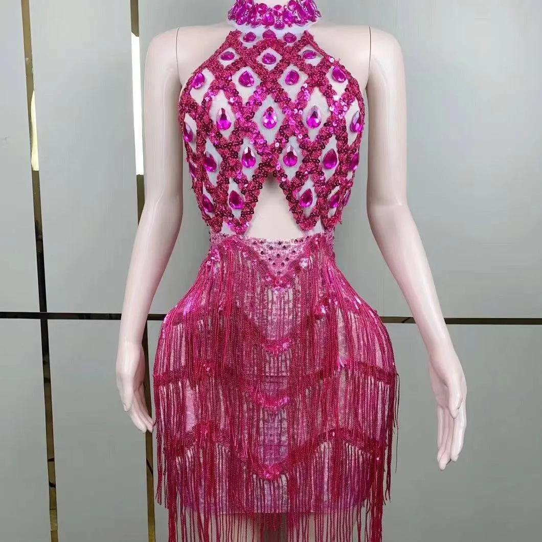 Pagett Rhinestones Sequins Tassel Backless Mini Dress