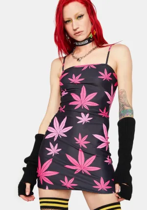 Pink And Black Leaf Mini Dress