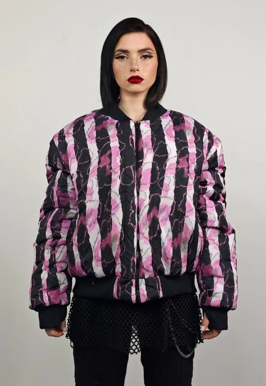 Pink snake varsity jacket Python print reversible bomber