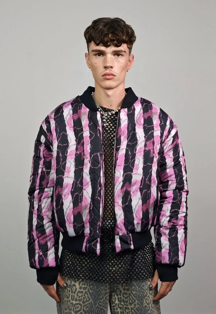 Pink snake varsity jacket Python print reversible bomber