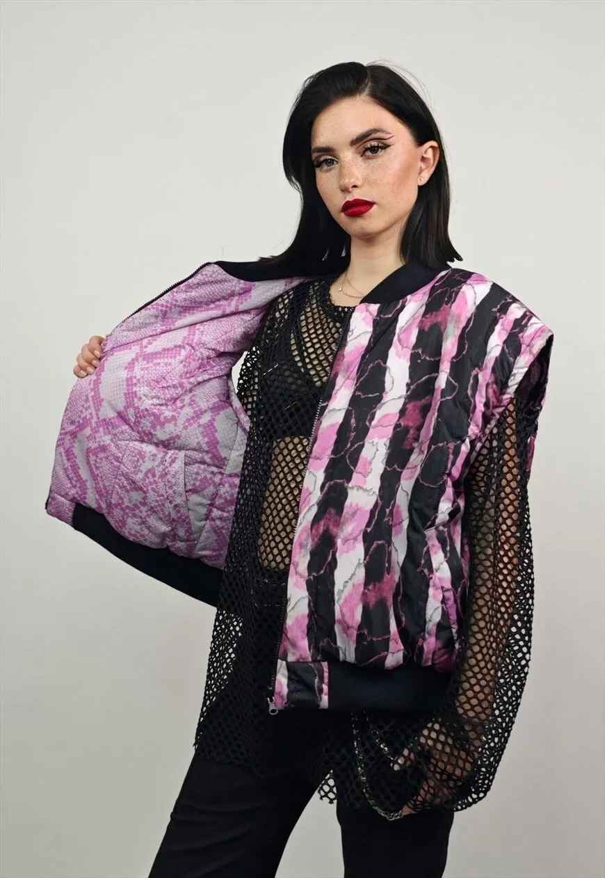 Pink snake varsity jacket Python print reversible bomber