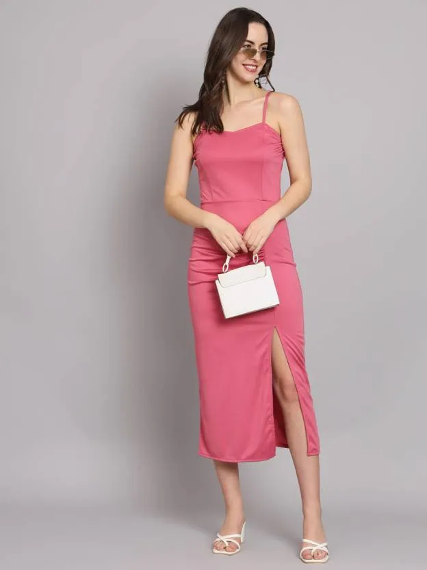 Pink Solid Strap Bodycon Dress