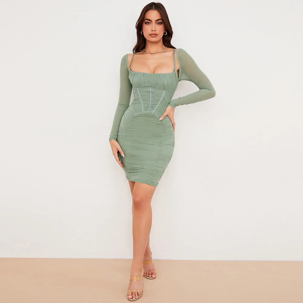 Pleated Bodycon Square Neck Long Sleeve Mini Dress