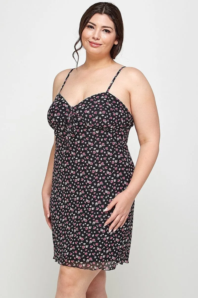 Plus Size Black Ditsy Floral Print On Mesh Fabric Spaghetti Strap Party Cami Mini Bodycon Dress