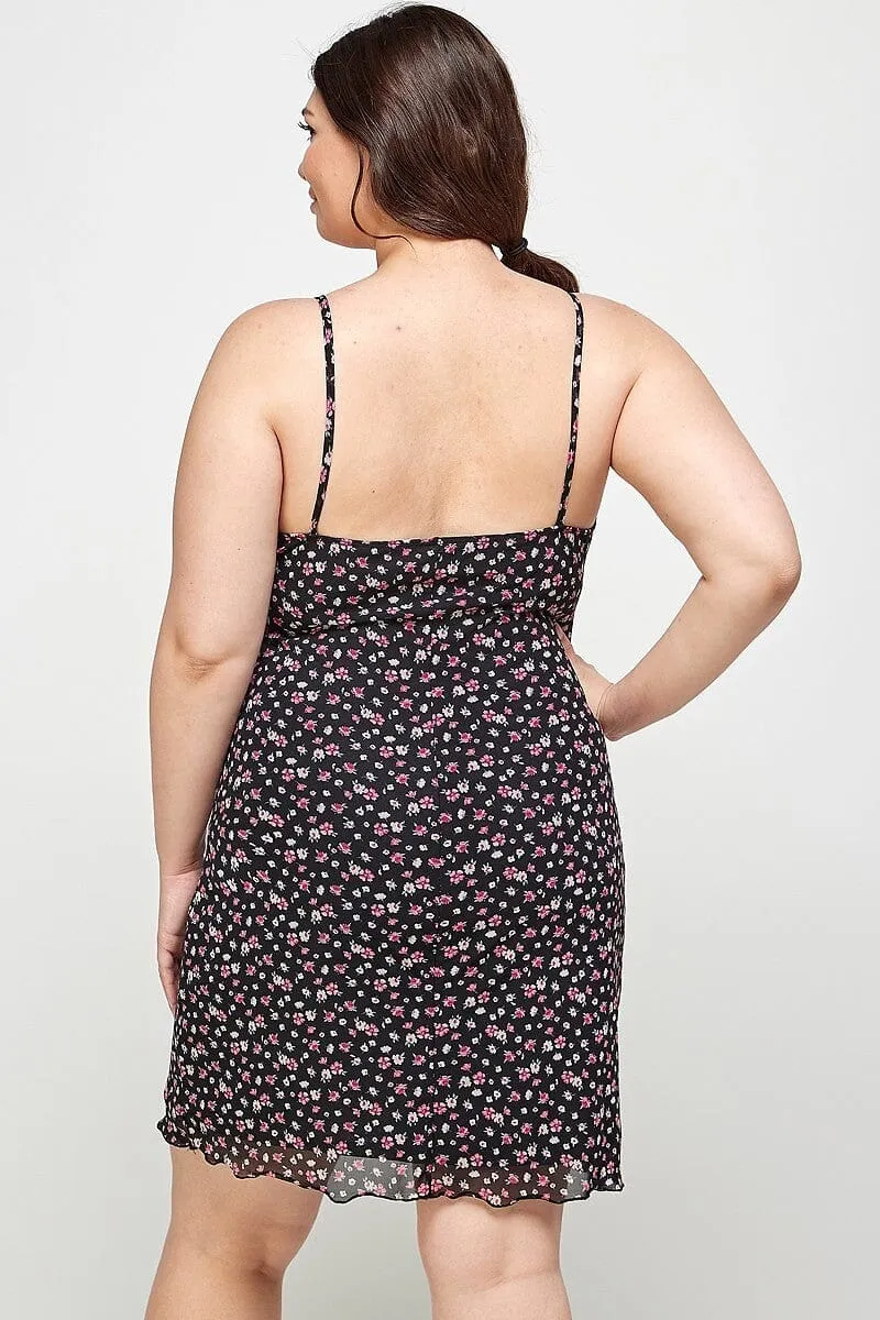 Plus Size Black Ditsy Floral Print On Mesh Fabric Spaghetti Strap Party Cami Mini Bodycon Dress