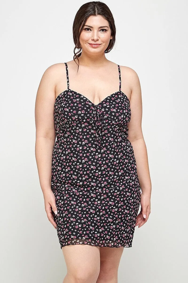 Plus Size Black Ditsy Floral Print On Mesh Fabric Spaghetti Strap Party Cami Mini Bodycon Dress