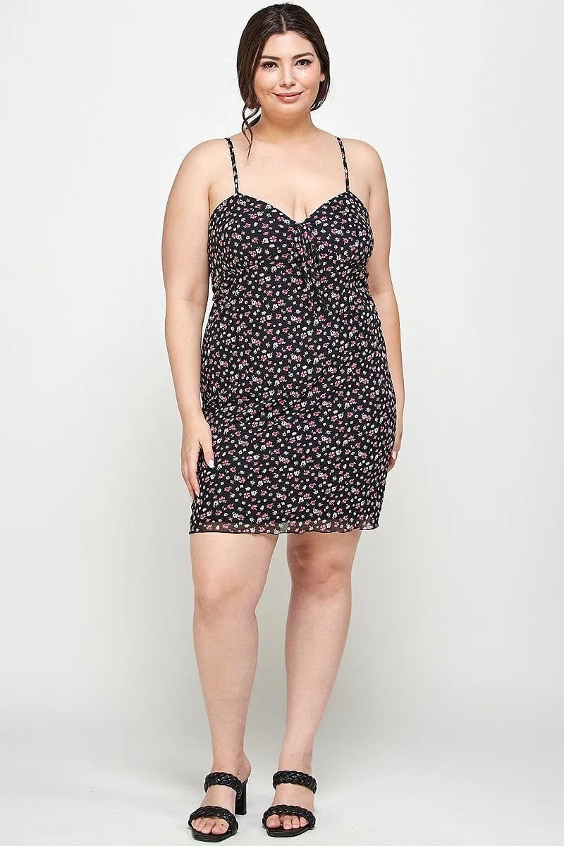 Plus Size Black Ditsy Floral Print On Mesh Fabric Spaghetti Strap Party Cami Mini Bodycon Dress