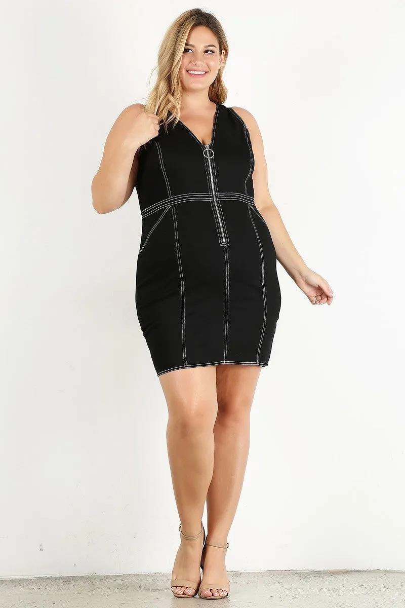 Plus Size Black Sleeveless V Neck Front Zip Bodycon Mini Dress