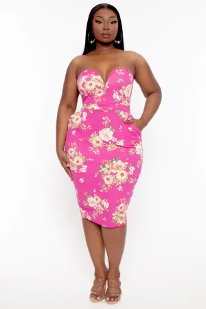 Plus Size Floral Print Bodycon Dress - Hot Pink