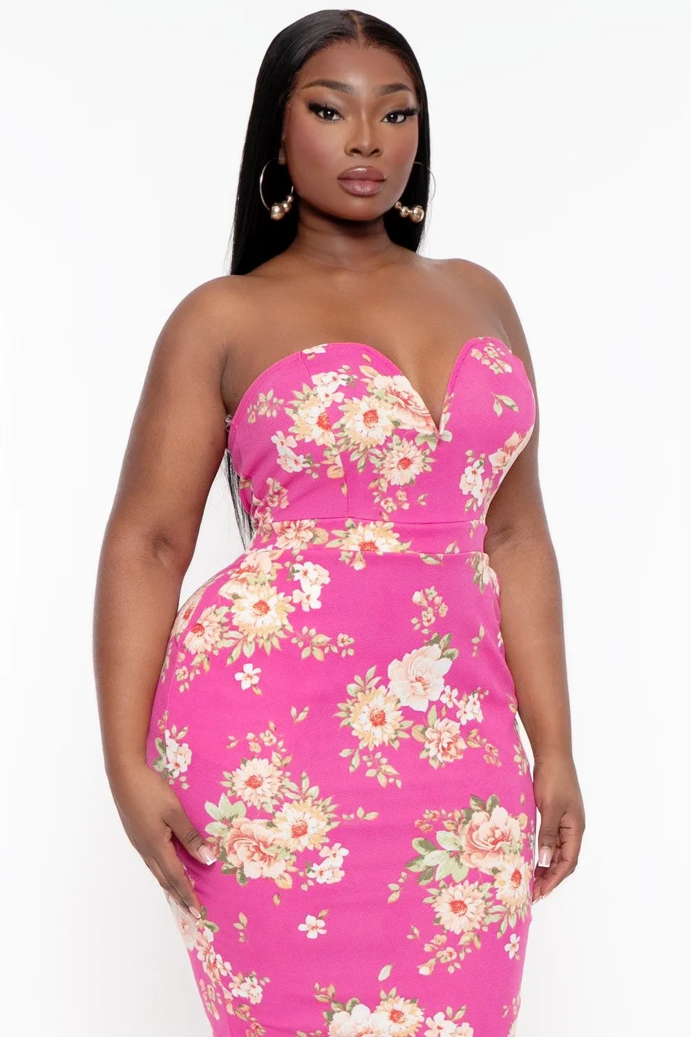 Plus Size Floral Print Bodycon Dress - Hot Pink