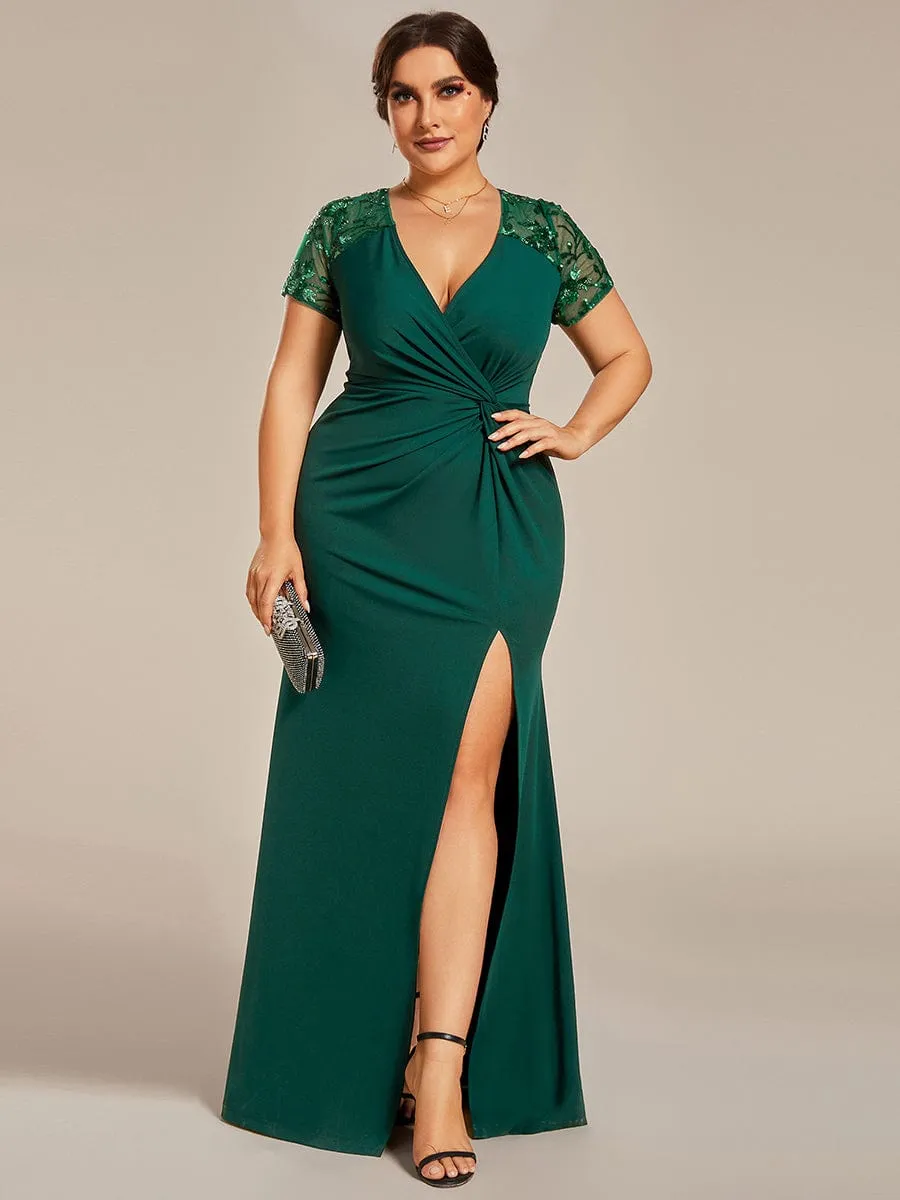 Plus Size Front Slit Short Sleeve With Sequin Mother of the Bride Dress