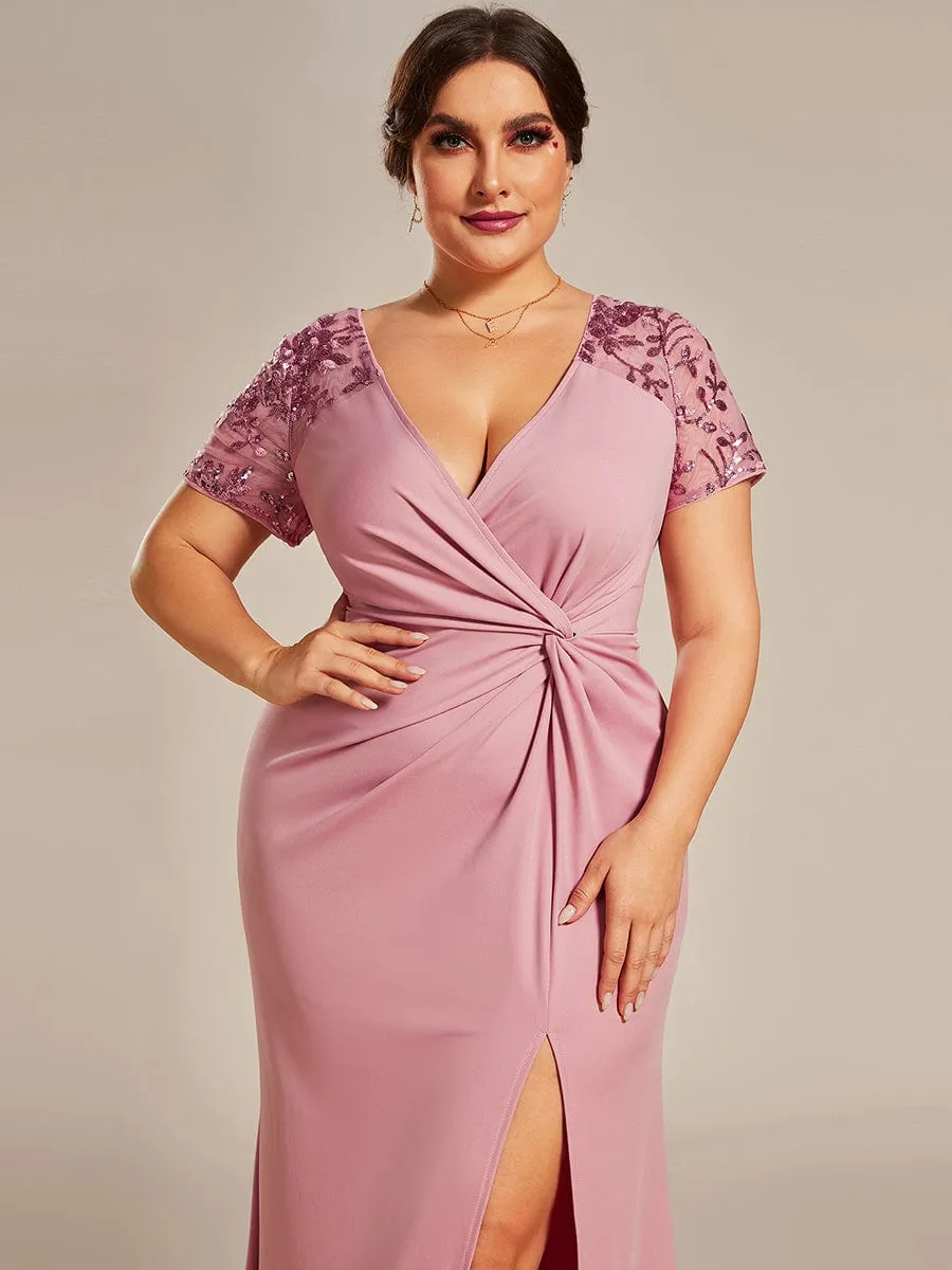 Plus Size Front Slit Short Sleeve With Sequin Mother of the Bride Dress