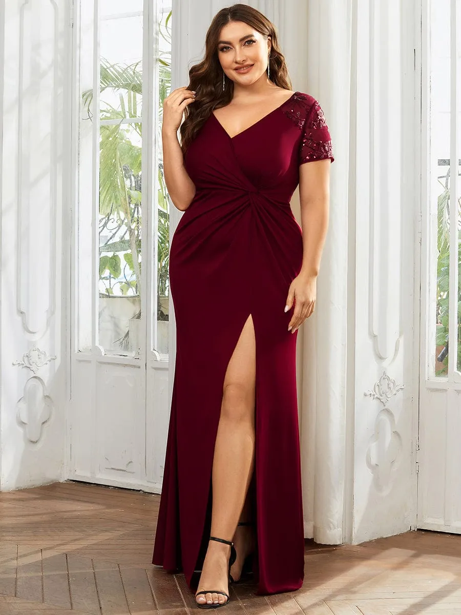 Plus Size Front Slit Short Sleeve With Sequin Mother of the Bride Dress