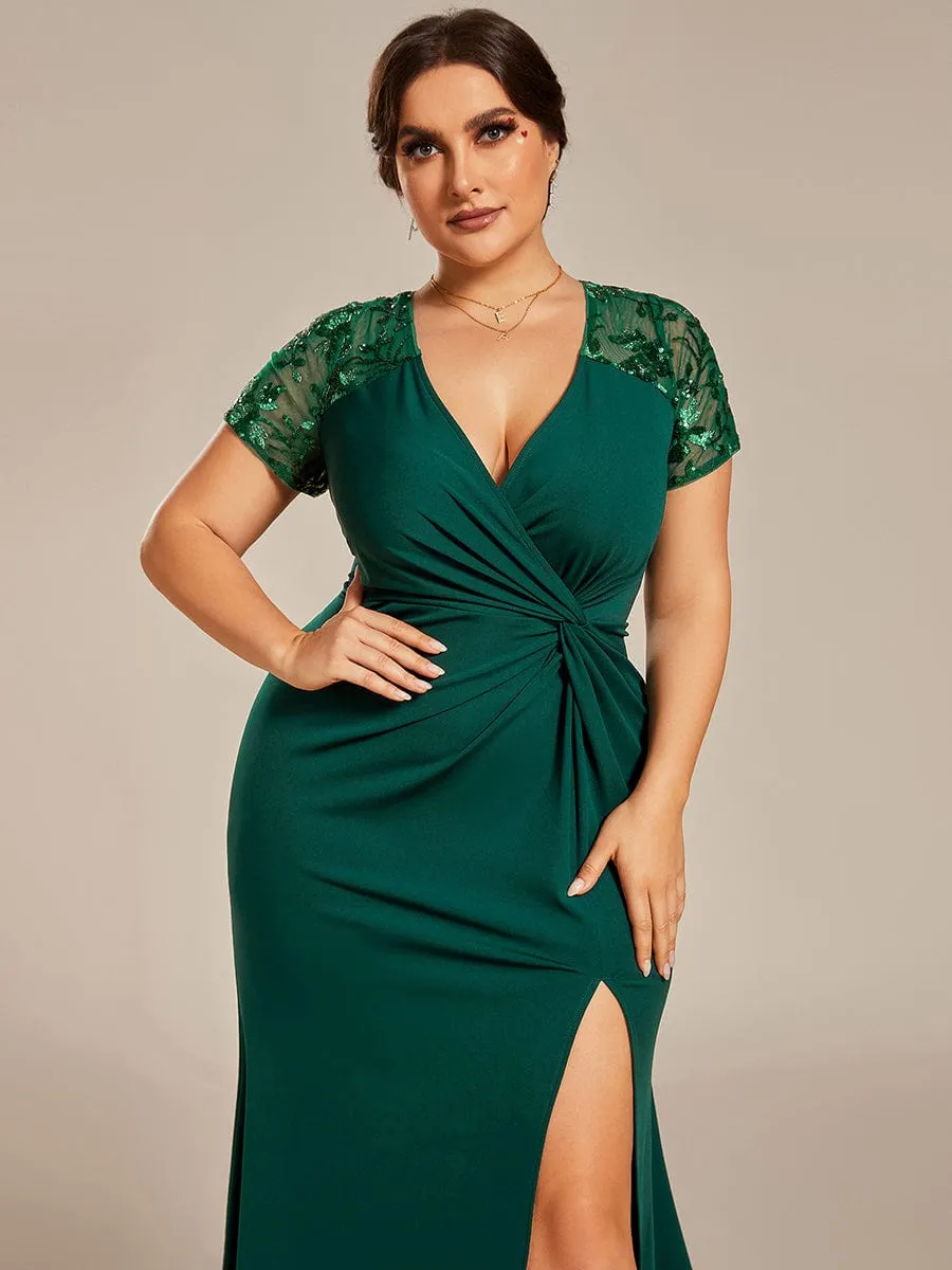 Plus Size Front Slit Short Sleeve With Sequin Mother of the Bride Dress