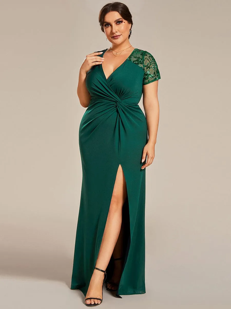 Plus Size Front Slit Short Sleeve With Sequin Mother of the Bride Dress