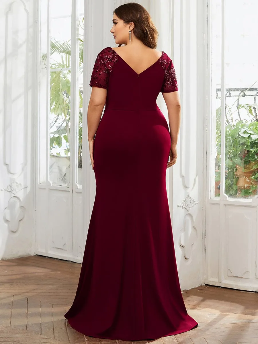 Plus Size Front Slit Short Sleeve With Sequin Mother of the Bride Dress