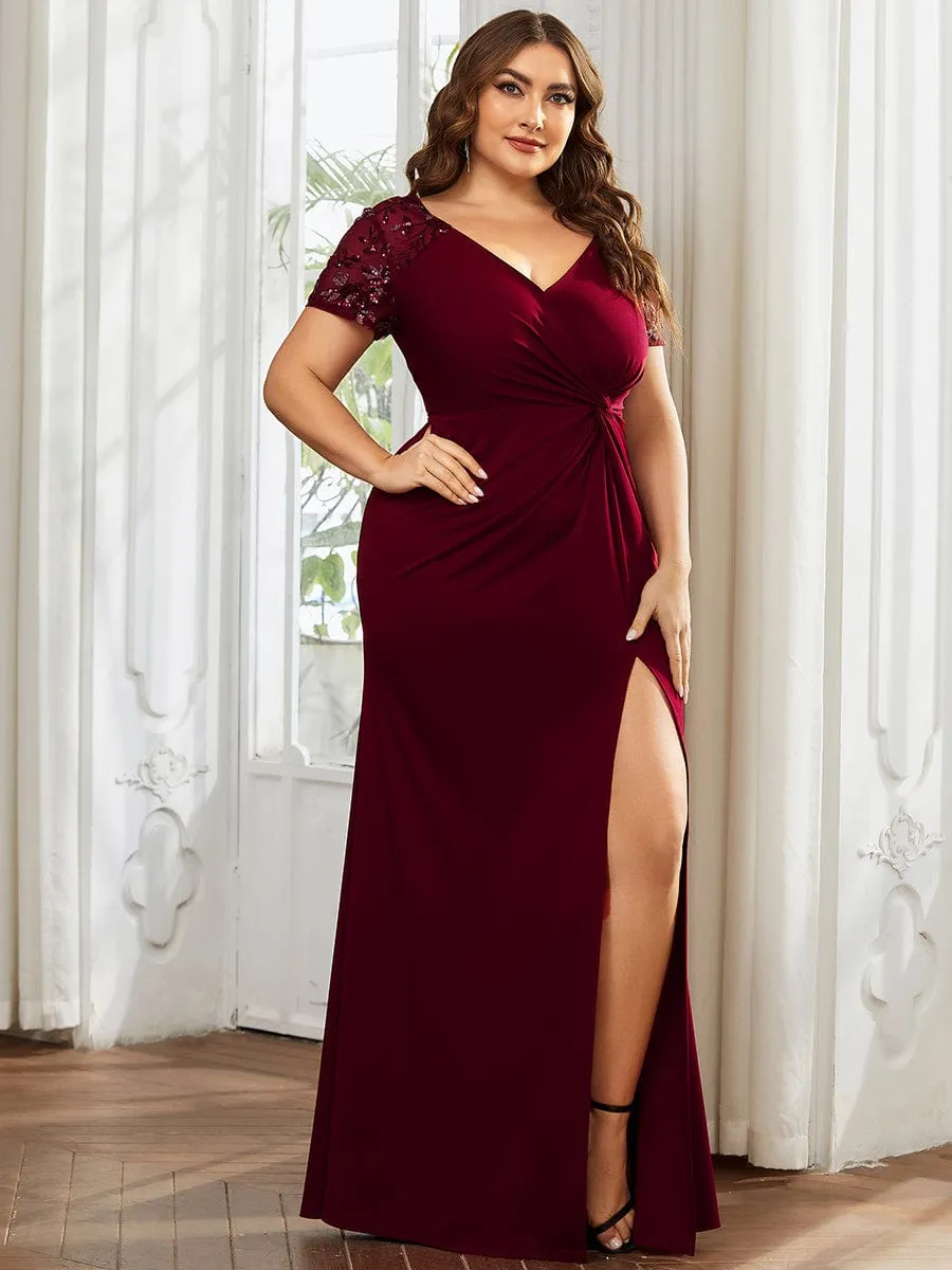 Plus Size Front Slit Short Sleeve With Sequin Mother of the Bride Dress