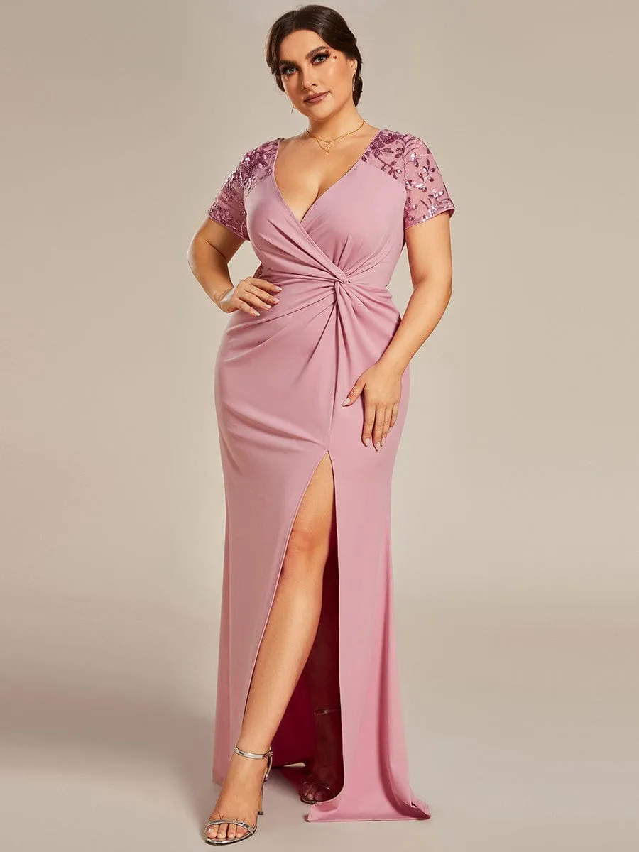 Plus Size Front Slit Short Sleeve With Sequin Mother of the Bride Dress