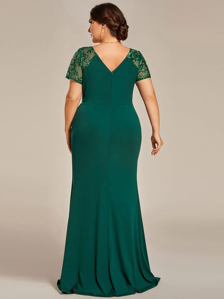 Plus Size Front Slit Short Sleeve With Sequin Mother of the Bride Dress