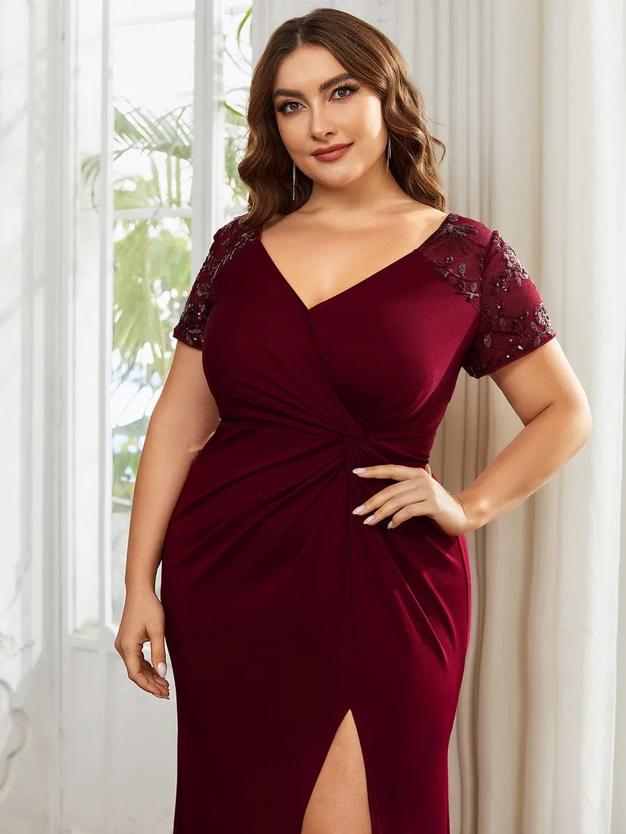 Plus Size Front Slit Short Sleeve With Sequin Mother of the Bride Dress