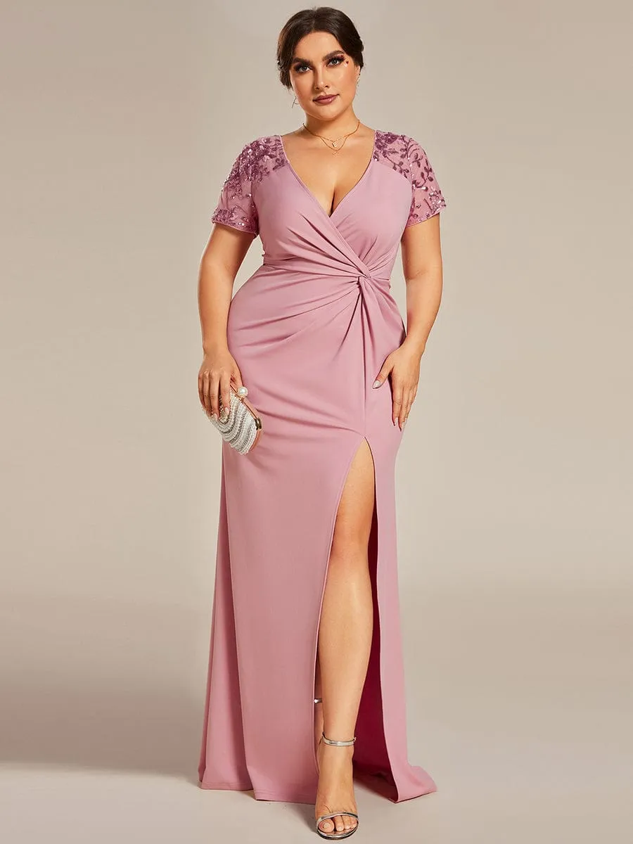 Plus Size Front Slit Short Sleeve With Sequin Mother of the Bride Dress