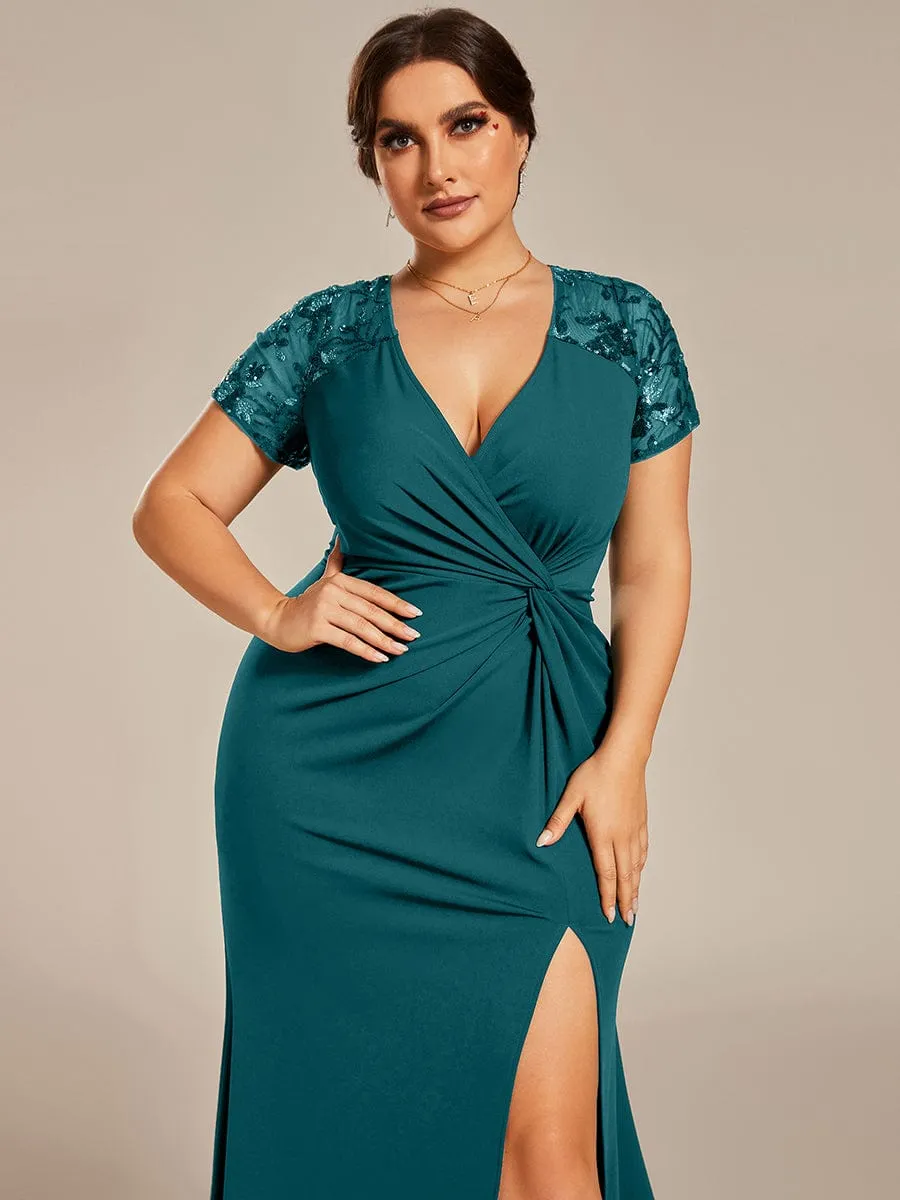 Plus Size Front Slit Short Sleeve With Sequin Mother of the Bride Dresses