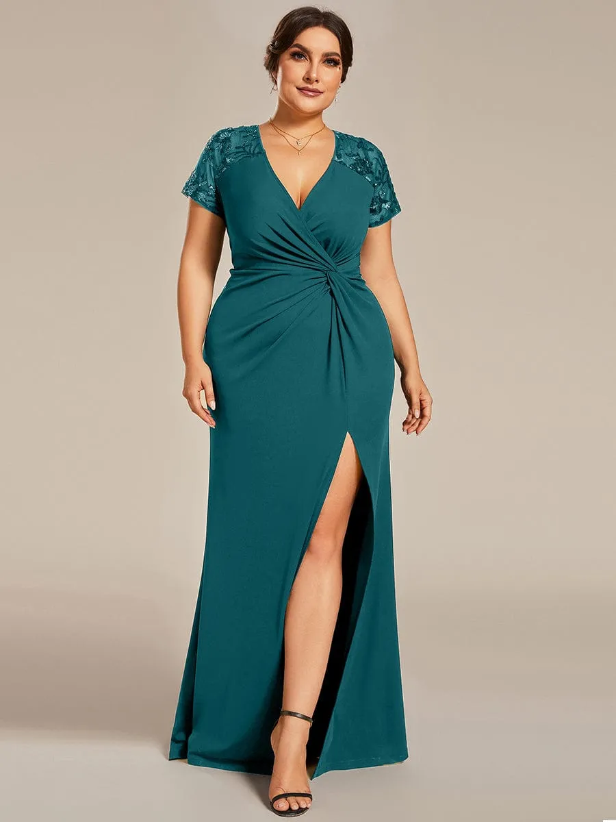 Plus Size Front Slit Short Sleeve With Sequin Mother of the Bride Dresses