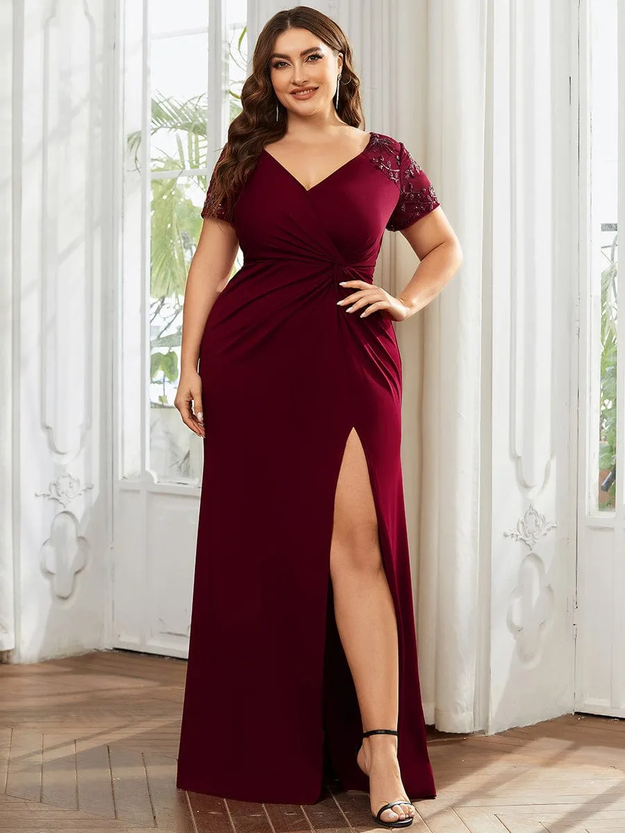 Plus Size Front Slit Short Sleeve With Sequin Mother of the Bride Dresses