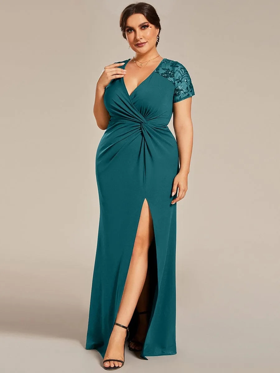 Plus Size Front Slit Short Sleeve With Sequin Mother of the Bride Dresses