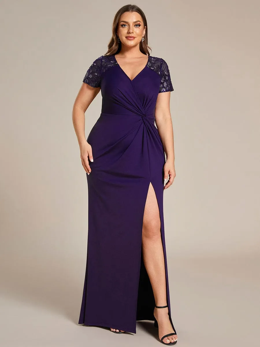 Plus Size Front Slit Short Sleeve With Sequin Mother of the Bride Dresses