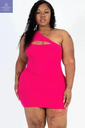 Plus Size Fuchsia Ribbed One Shoulder Dress