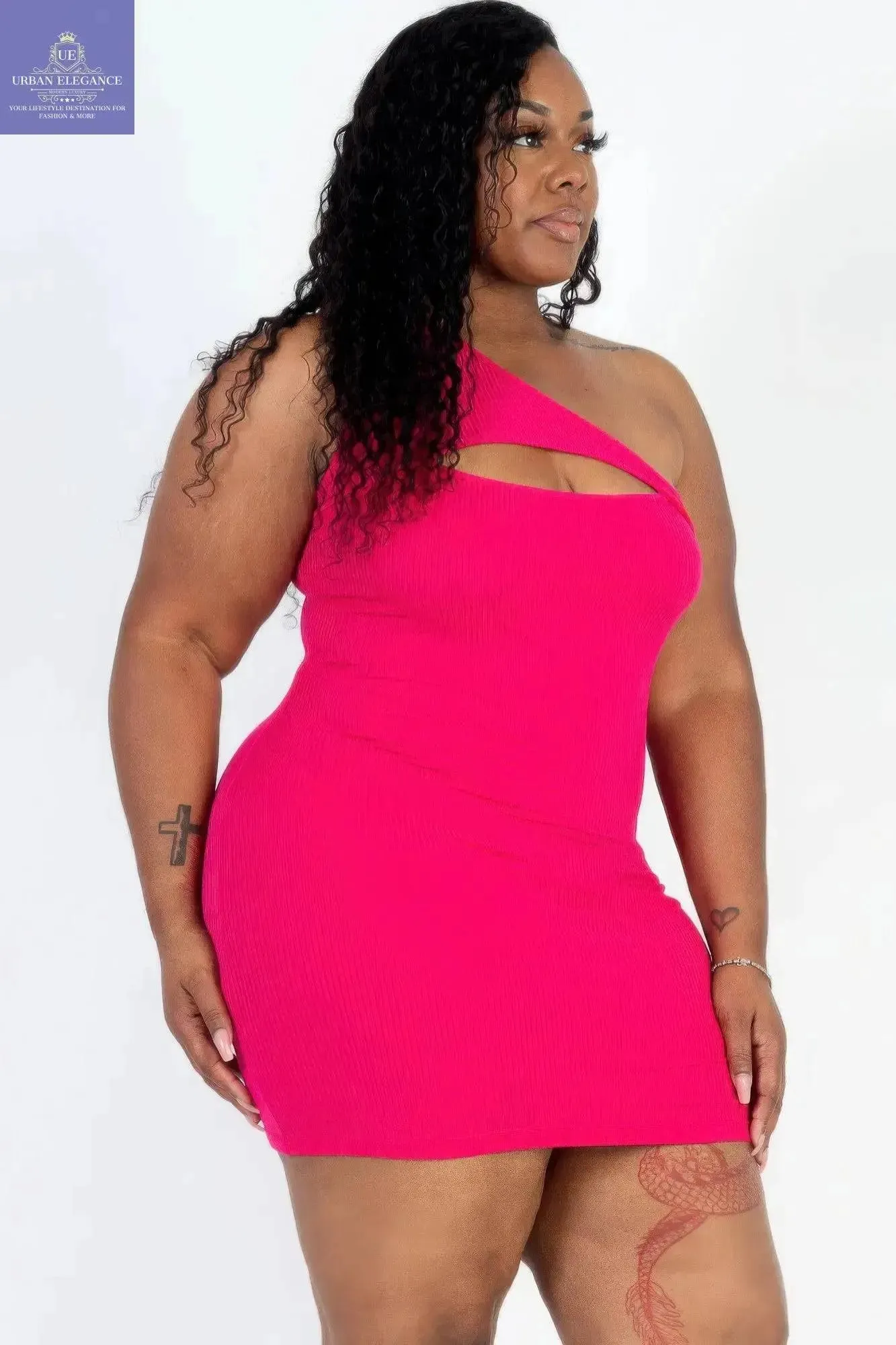 Plus Size Fuchsia Ribbed One Shoulder Dress