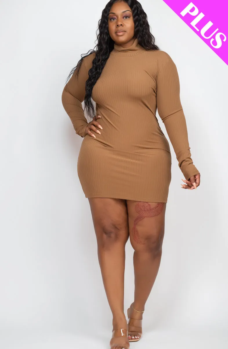 Plus Size Ribbed Long Sleeve Mock neck Mini Bodycon dress (CAPELLA)