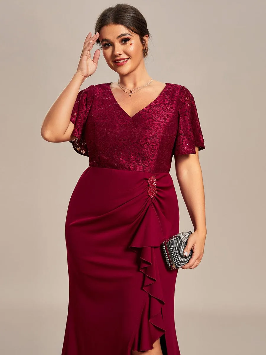 Plus Size Ruffles Sleeve Lace Top Mother of the Bride Dress(Final Sale)