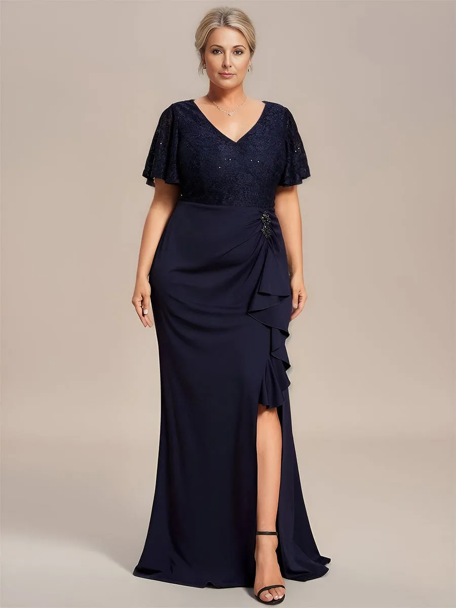 Plus Size Ruffles Sleeve Lace Top Mother of the Bride Dress(Final Sale)