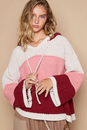 POL Pink/Burgundy Color Block Long Sleeve Hooded Sweater