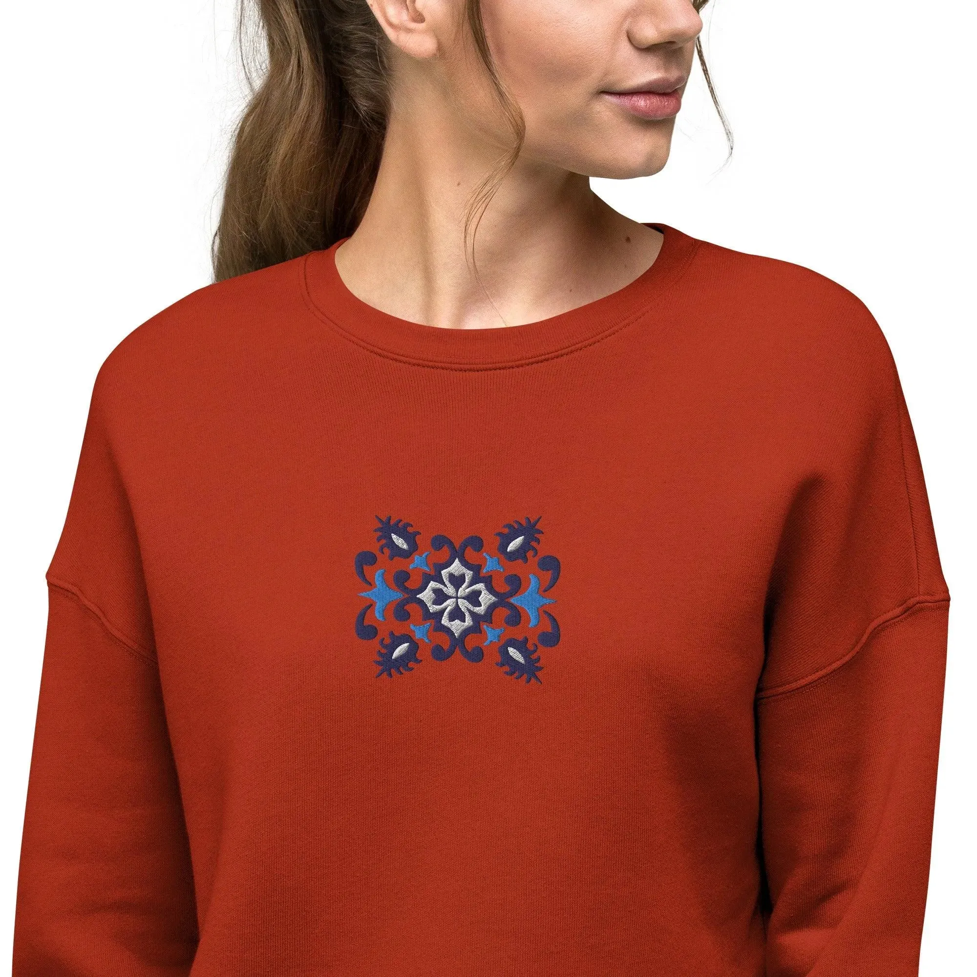 Portuguese Azulejo Tile Motif Cropped Sweatshirt