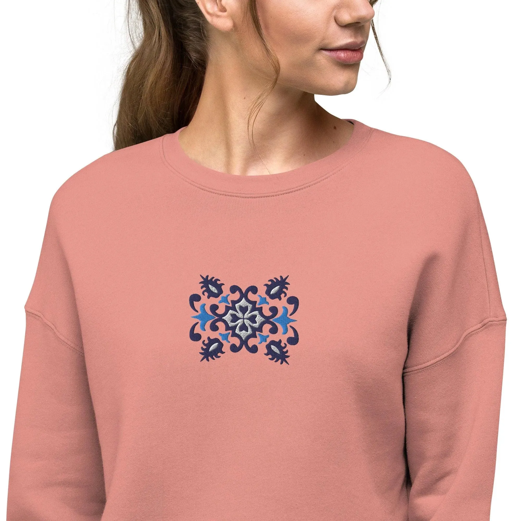 Portuguese Azulejo Tile Motif Cropped Sweatshirt