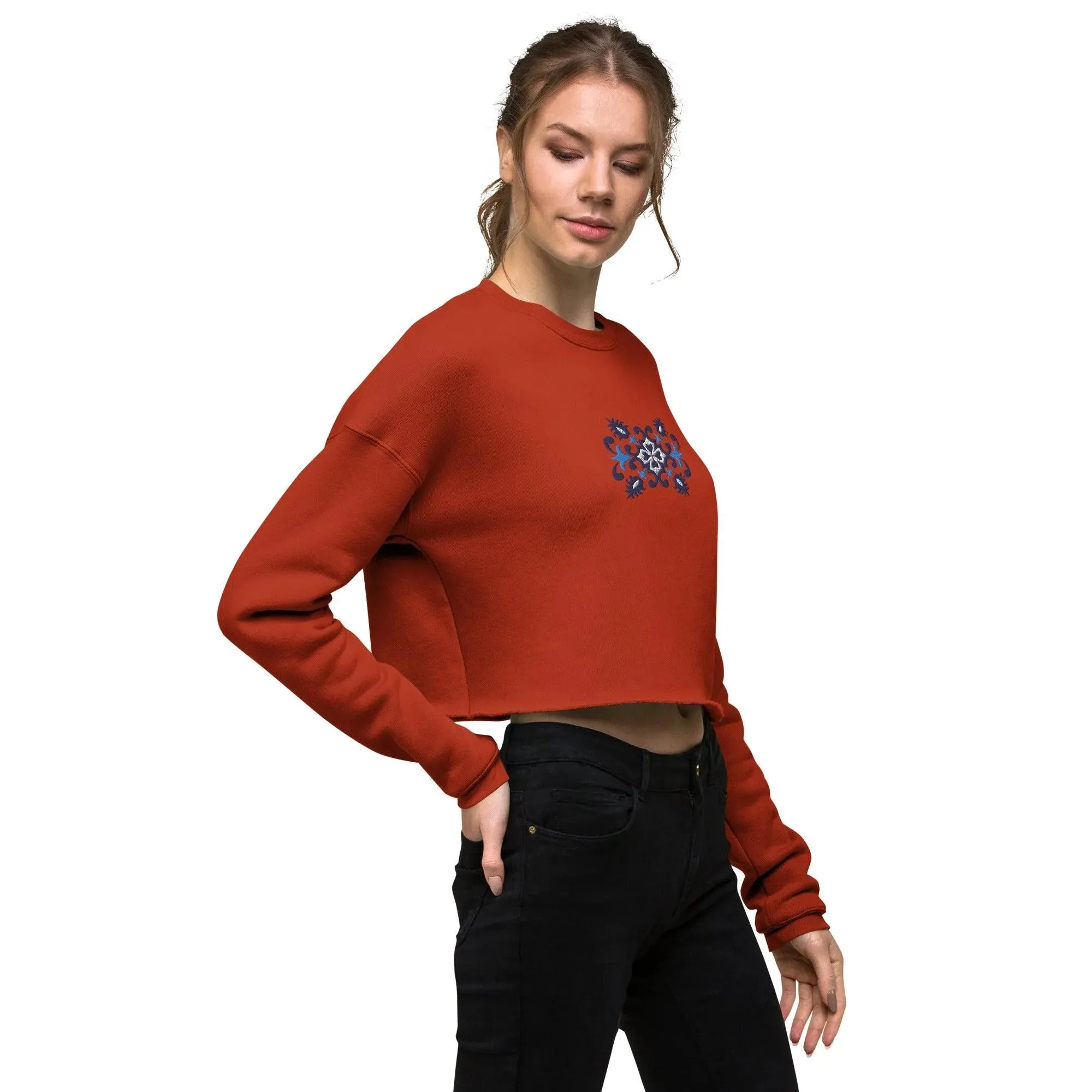 Portuguese Azulejo Tile Motif Cropped Sweatshirt