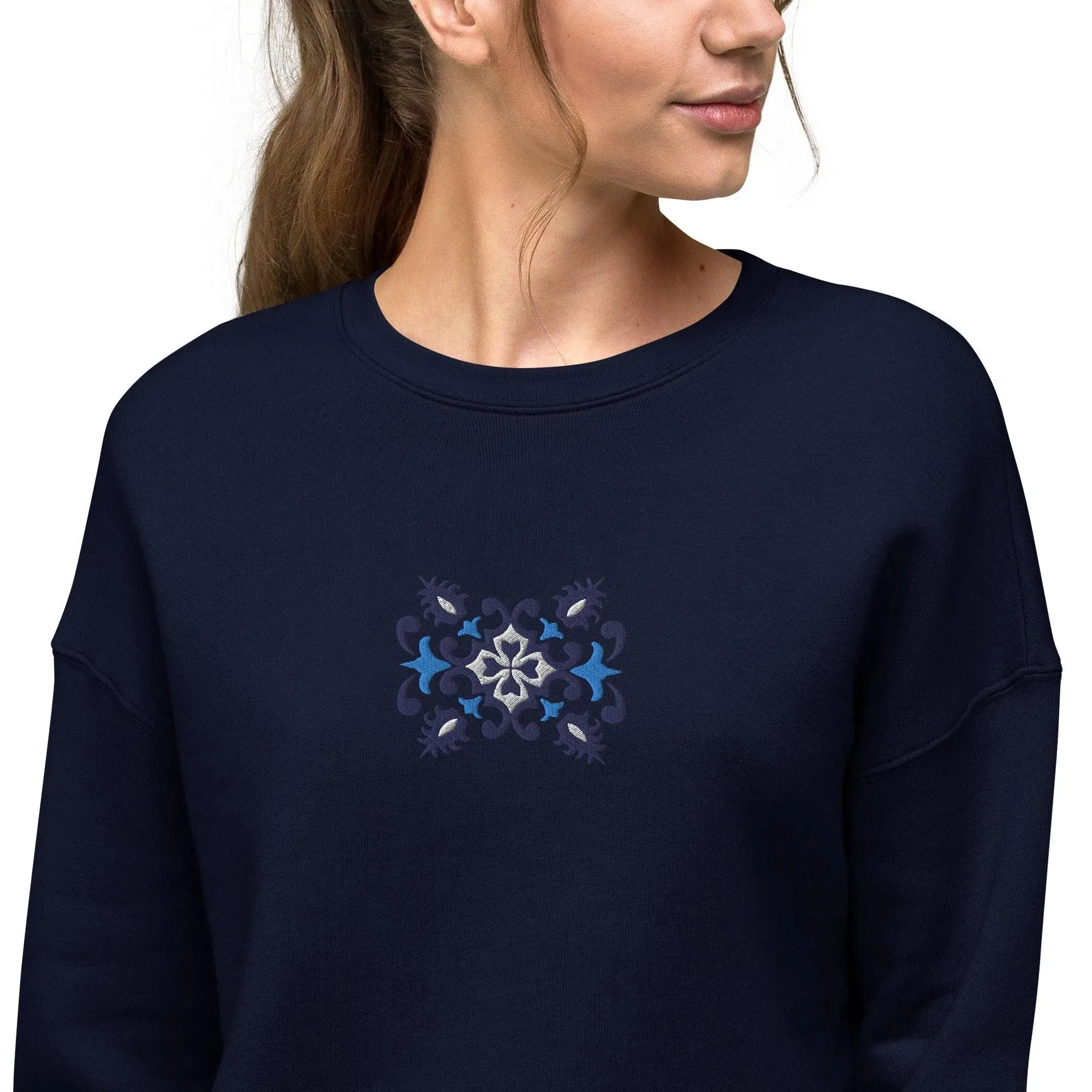 Portuguese Azulejo Tile Motif Cropped Sweatshirt