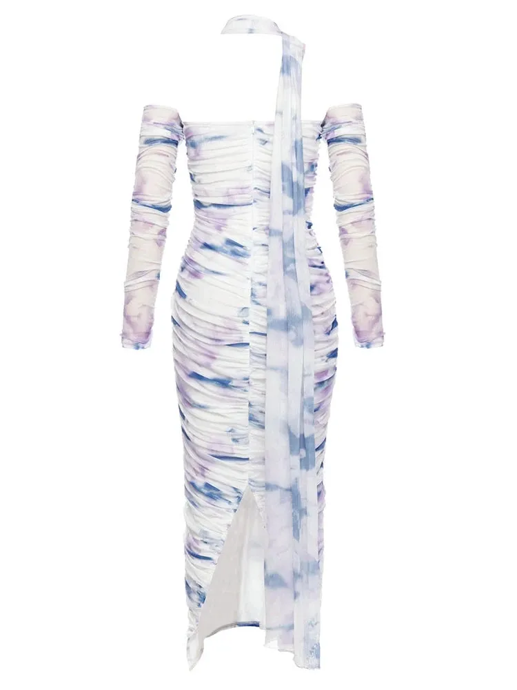 Pre Order:  Printed Pleated Hanging Neck Party Dress