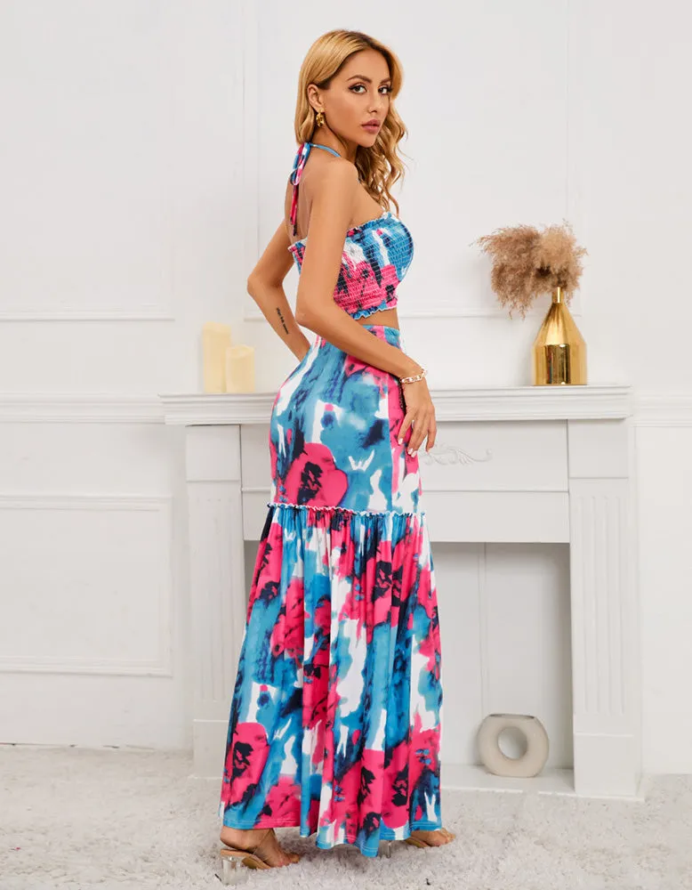 Printed Boho Two-piece Halter Top Bodycon Fishtail Skirt Sets