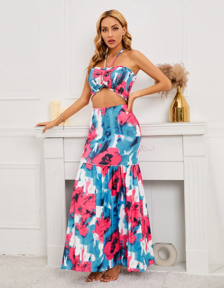 Printed Boho Two-piece Halter Top Bodycon Fishtail Skirt Sets