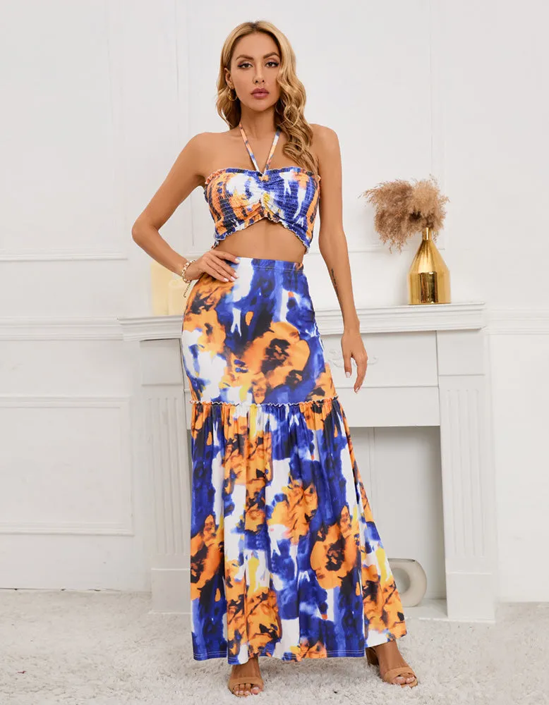 Printed Boho Two-piece Halter Top Bodycon Fishtail Skirt Sets