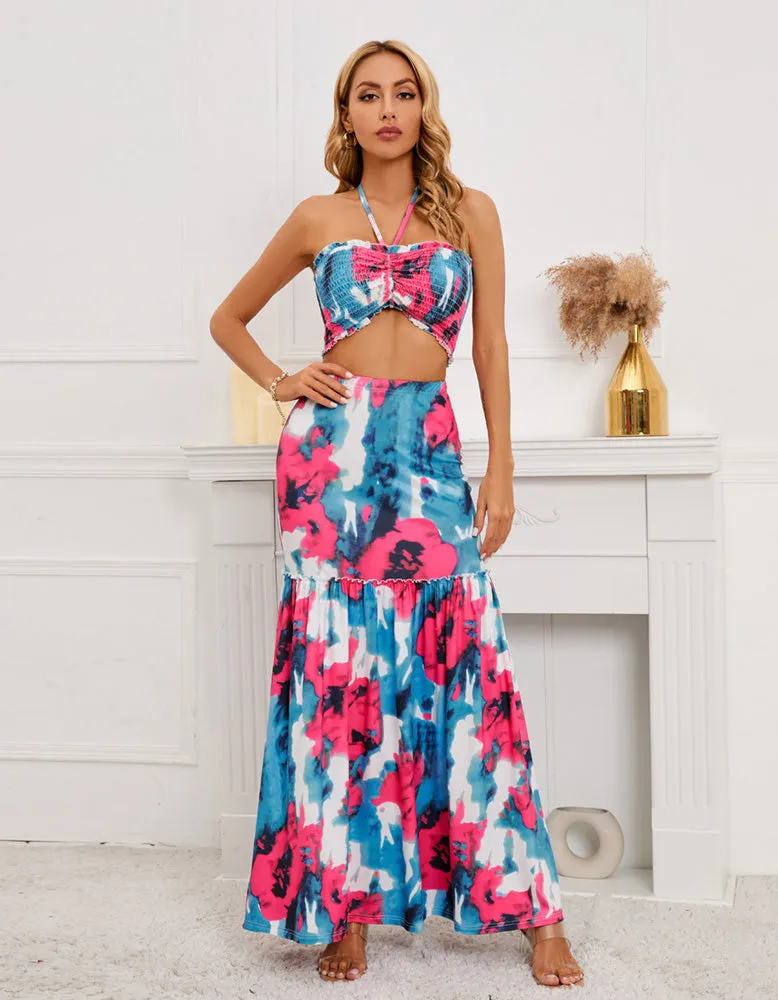 Printed Boho Two-piece Halter Top Bodycon Fishtail Skirt Sets