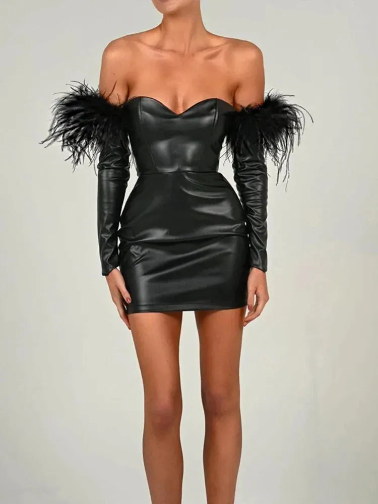 PU Leather Strapless Autumn Winter Slim Bodycon Sexy Party Mini Dress