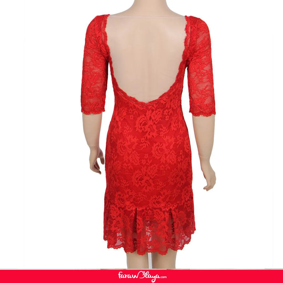 Red Short Sleeve Round Neck Lace Bodycon Dress